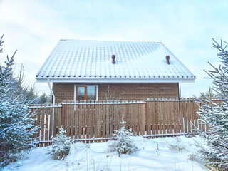 Wall Mural - A small rustic house among firs or pines. Winter natural landscape