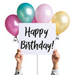 © Pixel Prophet - Person holding balloons and a 'happy birthday!' placard isolated on white background, minimalism, png