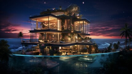 Wall Mural - Island at the middle of the ocean with an extremely luxurious glass and pastel walled villa surrounding a huge jungle at night - Generative AI