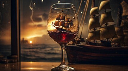 Wall Mural - pirate ship inside a wine glass during a storm photo - Generative AI