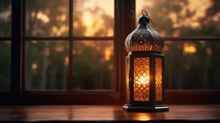 Wall Mural - Islamic lantern with burning candle and night sky in front of a window