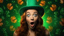 St Patrick's Day Beautiful Surprised Girl On Green Background