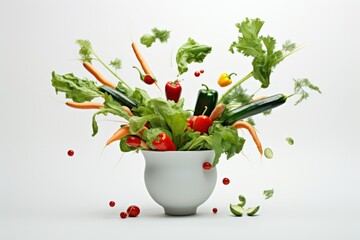 Wall Mural - Vegetables flying into the pot. Salad making concept.