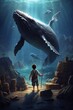 Biblical or Quran story of Jonah being eaten by a whale, a little boy with a stick inside ocean with a giant blue whale nearby