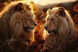Fototapeta  - Two majestic masai lions blend into the tall grass, their golden fur glistening in the warm sunlight as they prowl the vast african savannah
