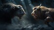 Two furious bulls in a dark background, banner