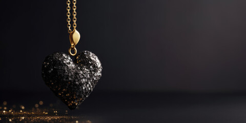 Black Heart on a gold chain on a black background, copy space. Valentine's day, Love, Wedding, Romantic concept