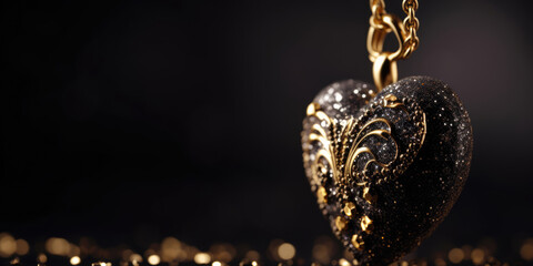 Black Heart with golden pattern on a gold chain on a black background, copy space. Valentine's day, Love, Wedding, Romantic concept