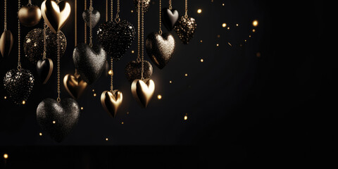 Valentine's day background with many golden and black hearts hanging on a black background. Valentines. Many black and gold heart-shaped pendants. Love, Wedding, Romantic concept