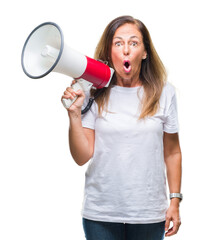 Wall Mural - Middle age hispanic woman yelling through megaphone over isolated background scared in shock with a surprise face, afraid and excited with fear expression