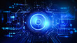© Happy Lab - Futuristic techno Sci-fi neon glowing lines background. Digital artwork. Reflections on the floor and ceiling. Virtual 3D background, representation for business