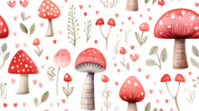Seamless Background With Mushrooms And Hearts On A White Background. - Seamless Tile. Endless And Repeat Print.