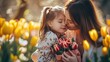 Little daughter hugging her mother and gives her a bouquet of flowers tulips at home. Happy Mother's day concept.