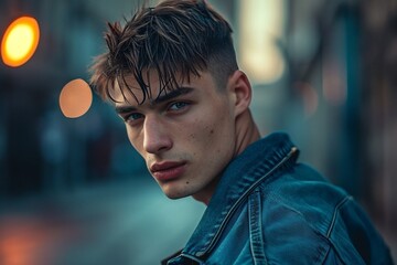 A stunning shot of a young European man walking down the street of a bustling city, in a serene and calm manner