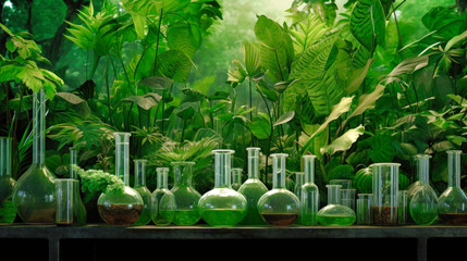 Wall Mural - Rack with various laboratory equipment and leaves. Cosmetics laboratory. Flasks and test tubes for studying the properties of plants.