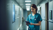© Milon - A female doctor, professionally dressed in scrubs of muted blue, standing in a well-lit hospital corridor, using a digital tablet for patient care