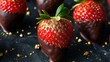 Close-up of strawberry dipped in dark chocolate with edible gold dust sprinkles.
