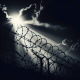 silhouette of a barbed wire on a black background dramatic light. ai generative