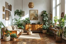 Stylish Scandinavian Living Room With Design Furniture, Plants, Bamboo Bookstand And Wooden Desk. Brown Wooden Parquet. Abstract Painting On The White Wall. Nice Apartment. Modern Decor Of Bright Room