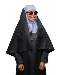 Poster - Middle age senior catholic nun woman wearing sunglasses over isolated background looking away to side with smile on face, natural expression. Laughing confident.