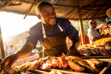 grilled seafood charm: in luanda, angola, a chef delights in grilling fish in an open-air restaurant