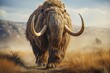 Woolly mammoth walking in a prehistoric steppe