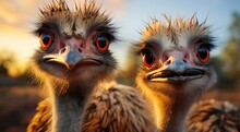 Two Striking Ostriches With Fiery Red Eyes Stand Tall, Their Feathered Wings Ready To Take Flight In The Vast Wilderness