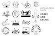 © Elena - Vintage line art hobby and craft set: sewing machine, knitting, camera, art supplies. Linear icons with floral elements for logo, brand design, tailor shop. Elegant bohemian outline vector collection