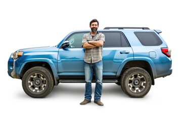 Wall Mural - Full length portrait of a man leaning on a SUV isolated on white background