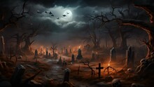 Distant Lightning Illuminates A Grim Landscape Of Gnarled Trees And A Sprawling Graveyard.