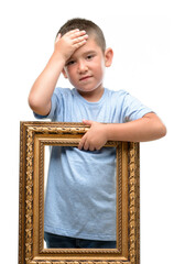 Sticker - Dark haired little child holding frame stressed with hand on head, shocked with shame and surprise face, angry and frustrated. Fear and upset for mistake.