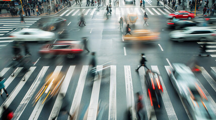 People in a blur of traffic crossing a large road. Traffic on the street