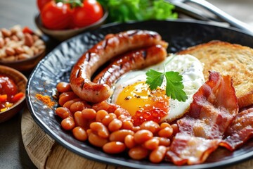 Wall Mural - A delicious breakfast plate featuring eggs, bacon, beans, and toast. Perfect for food-related projects and culinary themes