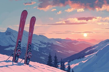 Sticker - Skis resting on top of a snow covered slope. Ideal for winter sports enthusiasts and travel brochures