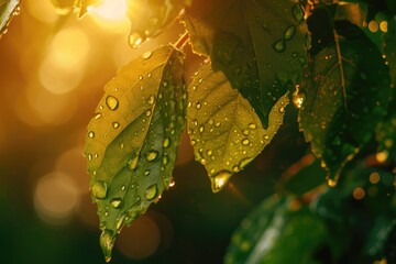 Sticker - A detailed view of a leaf with small water droplets. Perfect for nature or macro photography projects