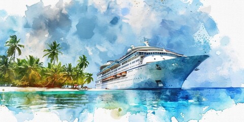 Wall Mural - A beautiful watercolor painting of a cruise ship sailing in the vast ocean. Perfect for travel brochures and vacation-themed designs