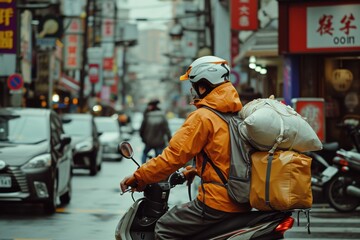 Poster - A man riding a motorcycle down a city street. Suitable for automotive and urban lifestyle themes