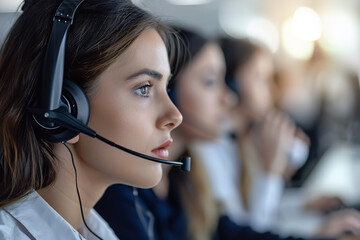 Canvas Print - A call center implementing high-quality headsets for operators