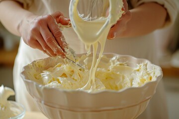 Poster - A person using a whisk to mix a bowl of food. This image can be used to showcase cooking, food preparation, or culinary activities