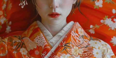 Wall Mural - A close-up photograph of a woman wearing a traditional kimono. This versatile image can be used to depict Japanese culture, fashion, or beauty