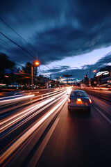 Wall Mural - Nighttime Rush: A Blurred Drive through the Urban Cityscape, the Highways Illuminated by the Twinkling Lights of Moscow's Downtown, Car Trails Paint the Dark Sky in a Blue Twilight Background.