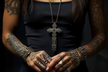 Poster - Woman praying with a Catholic cross in her hands, praying for salvation to Jesus Christ, jewelry in the form of crosses on her hands and body