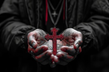 Poster - Woman praying with a Catholic cross in her hands, praying for salvation to Jesus Christ, jewelry in the form of crosses on her hands and body