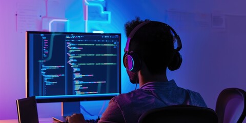 Shot of a programmer in front of a computer with codes on the screen