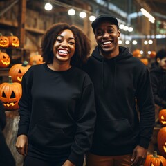 Wall Mural - Black couple woman and man smiling in black sweatshirts around Halloween jack-o-lantern pumpkins. Celebrating Black History Month!