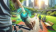 © tong4130 - Cyclist in a city park using a smartwatch with a 3D hologram route map, showcasing a futuristic blend of cycling and technology. AI Generated.