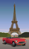 Fototapeta Na drzwi - Red car against the background of the Eiffel Tower. Vector.