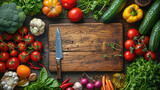 Fototapeta Las - fresh vegetables around the board with knife top view, in the style of uhd image, unusual cropping, cabincore, cottagecore, matte photo