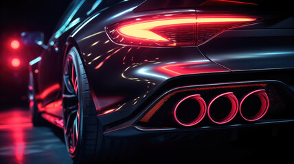 Neon-lit exhaust system modification in a high-performance car against a black backdrop