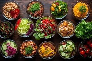 Wall Mural - Vegetables and greens laid out for salad, vegetarian food preparation. low-calorie diet menu, vitamins from products